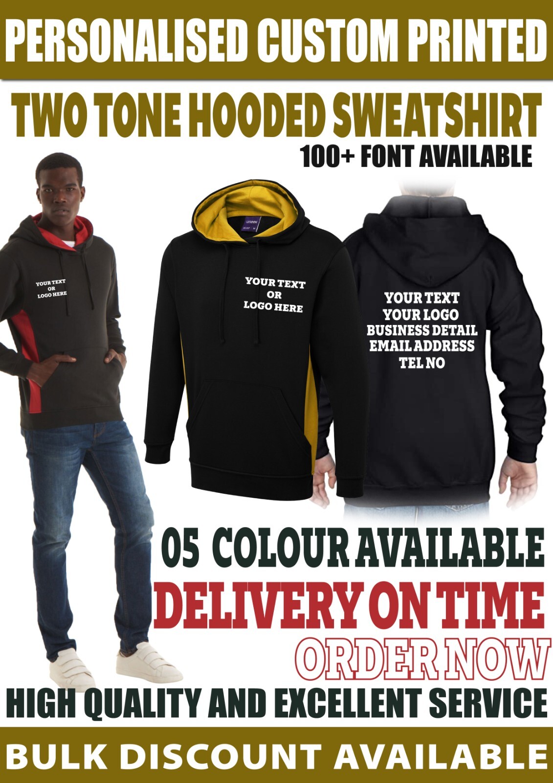 Personalised custom printed text two tone Colour Hooded