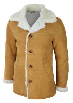 Pre-owned Truclothing Mens 3/4 Genuine Sheepskin Coat Classic Tan Brown Camel Jacket Cream Fur
