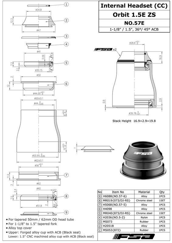 FSA No.57E Orbit Tapered Headset Sealed Bearing 1.5E ZS 1-1/8\