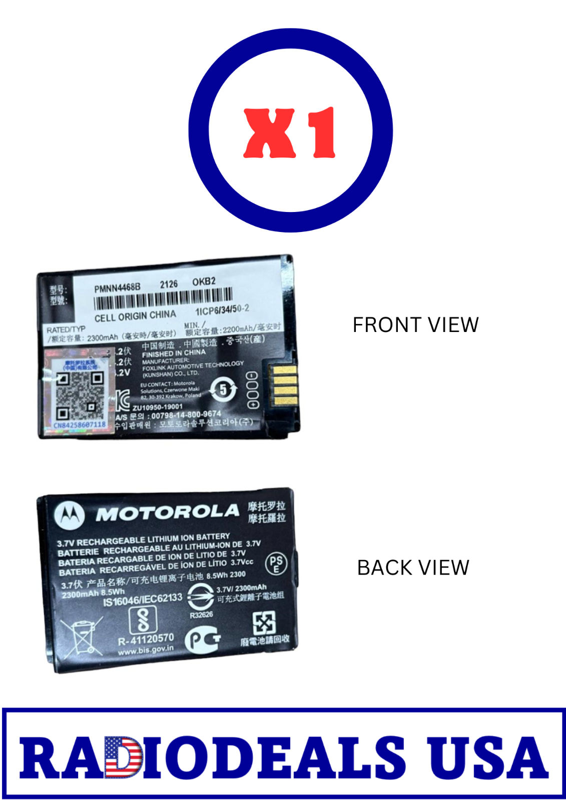 Motorola Genuine PMNN4468 Lithium 2300mAh Battery SL300/3500/7550/7550E- 1 PC