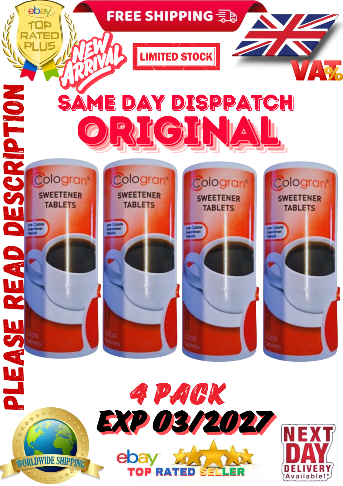 NEW 4x COLOGRAN Lidl 1200 LOW CALORIE SWEETENER TABLETS 72g /pack x4 packs
