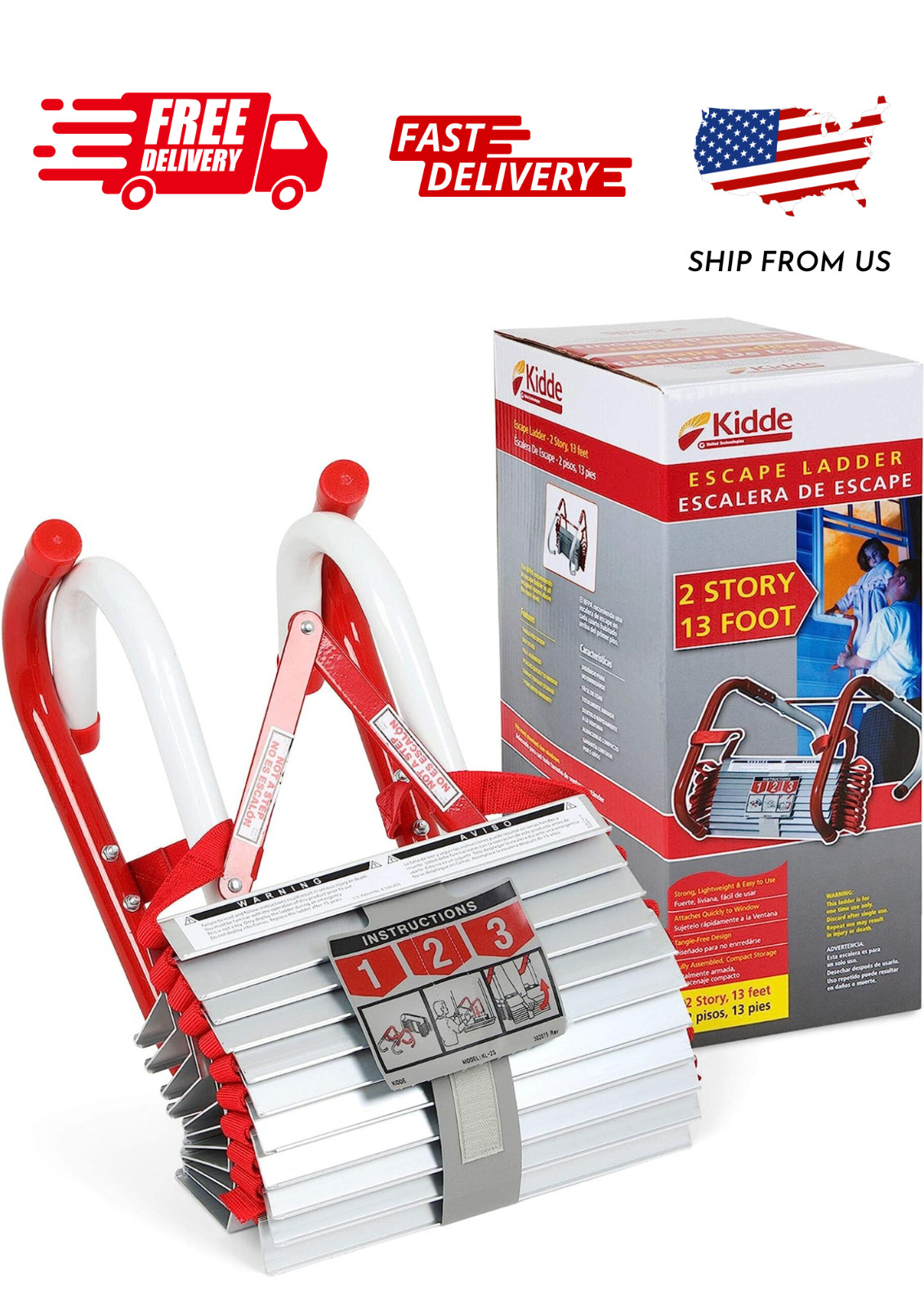 Fire Escape Ladder, 2-Story Rope Ladder, Extends to 13-Feet, Anti-Slip Rungs