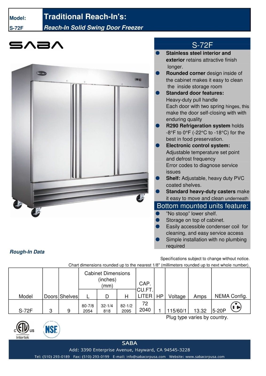 SABA S-72F Commercial Upright Freezer, Stainless Steel Freezer Storage (3 Solid