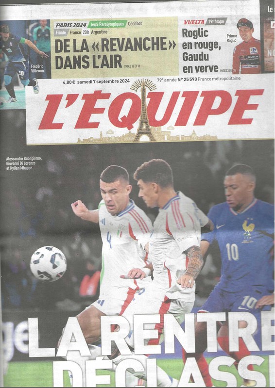 Equipe-07 Septembre 2024-Ldn:France-Italie/Vuelta:Roglic_gaudu/Jeux Paralympique