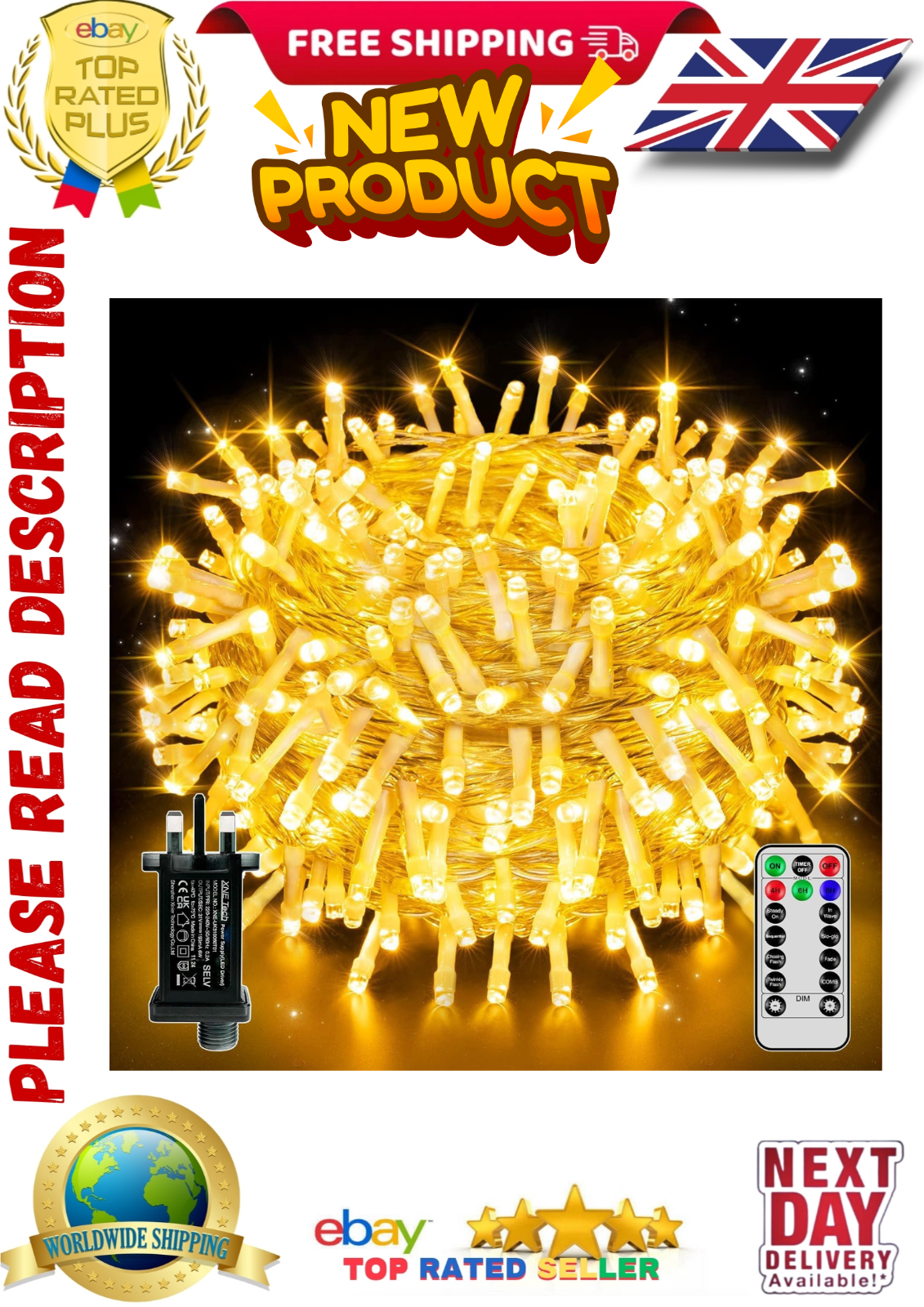 Christmas Tree Lights Outdoor, 20m 200 LED Fairy Lights Mains Powered Warm water