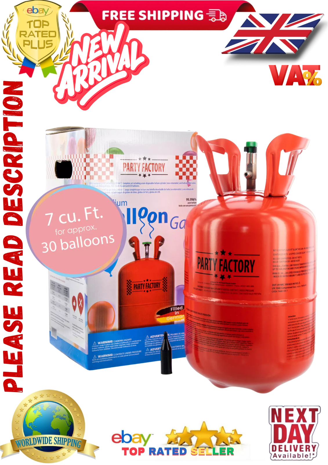 Party Factory Helium balloon gas for up to 30 balloons helium bottle 7 cu. gas