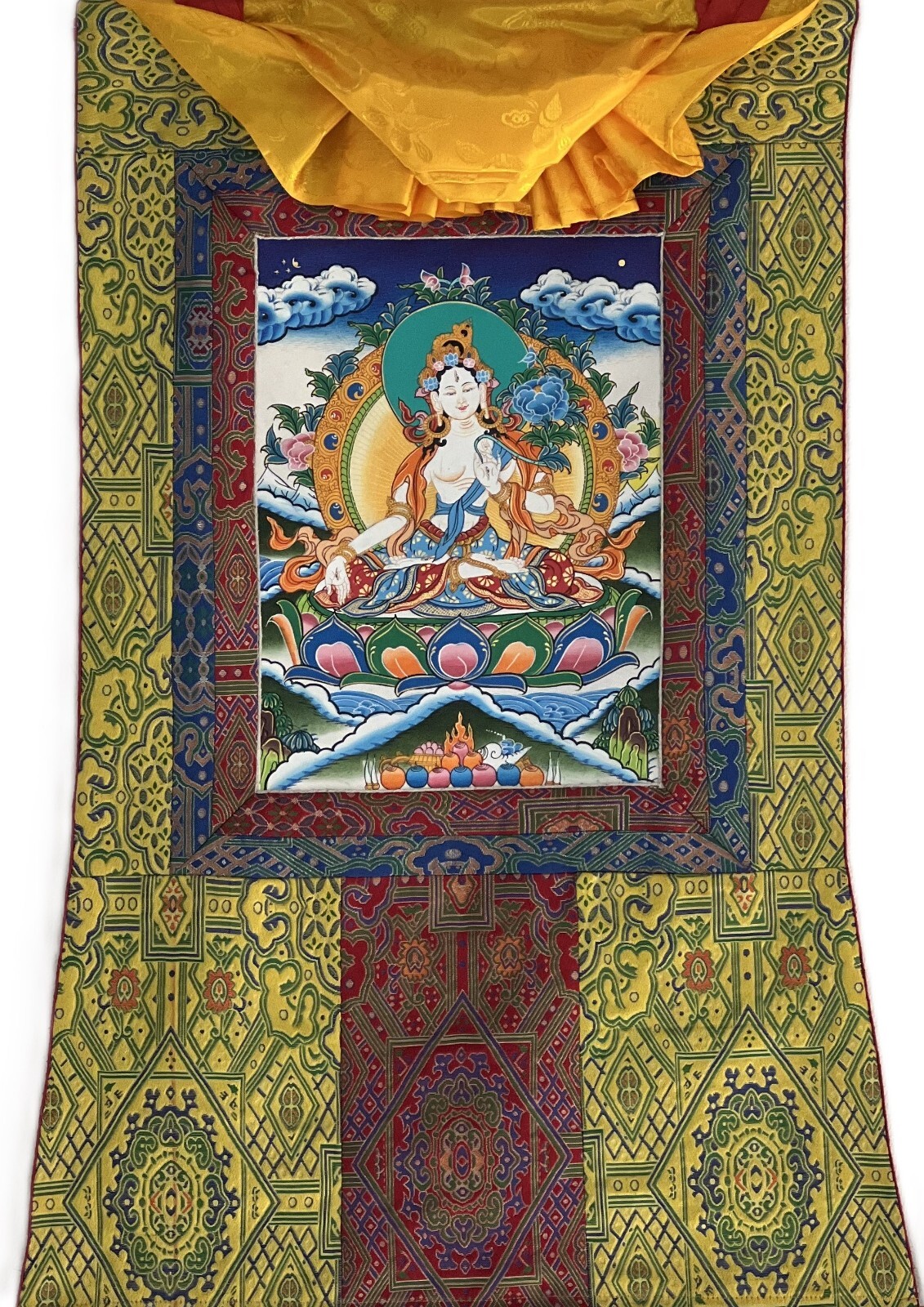 WHITE TARA MOTHER GODDESS ORIGINAL TIBETAN THANGKA PAINTING WITH SILK BROCADE