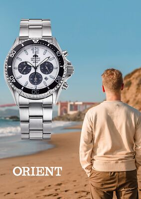 Pre-owned Orient Mako Rn-tx0203s White Panda Solar Chronograph Men's Watch Inbox Fedexdhl