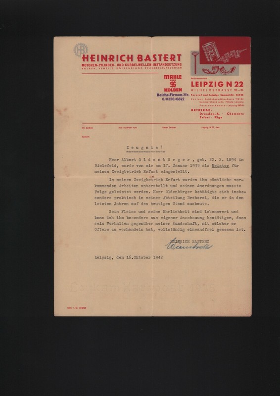 Leipzig, Zeugnis 1942, Motoren-Zylinder-Instandsetzung Heinrich Bastert