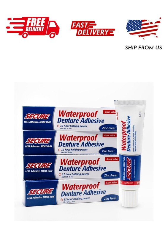 Secure Waterproof Denture Adhesive - Zinc Free - Extra Strong