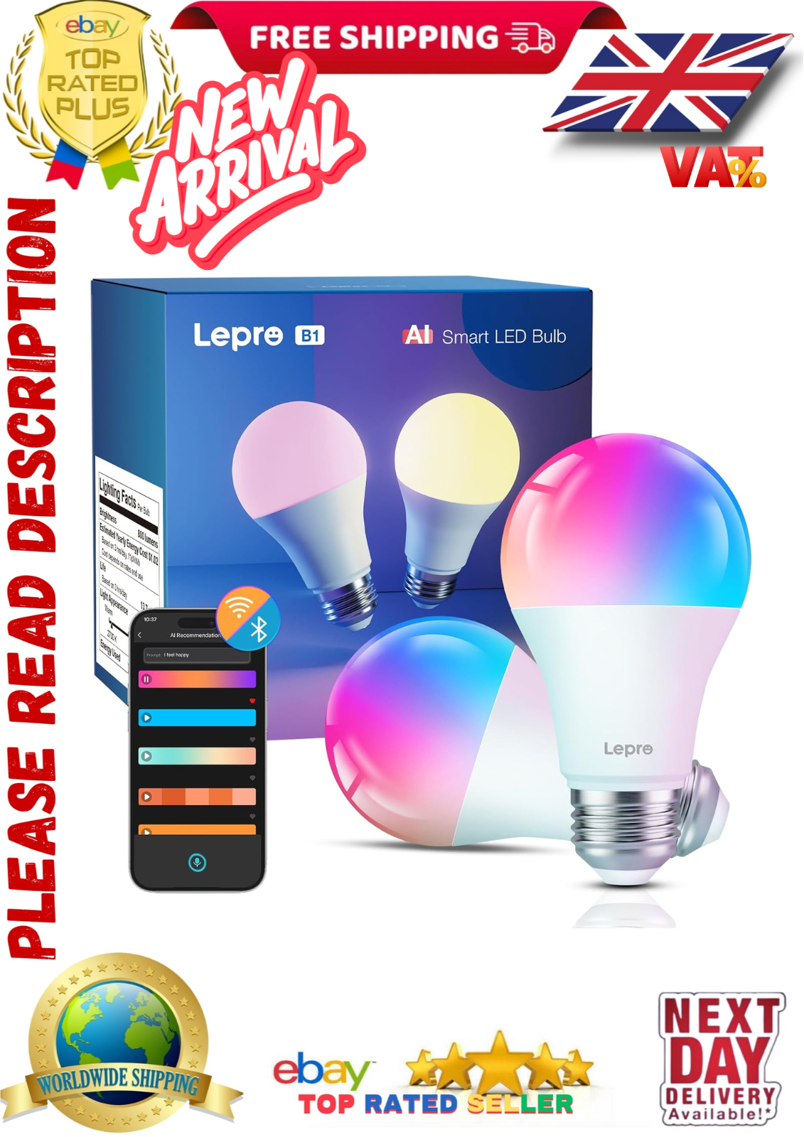 2 Pack Lepro B1 AI Smart Bulb E27 Music Sync Bluetooth & WiFi LightBulb AI Gen