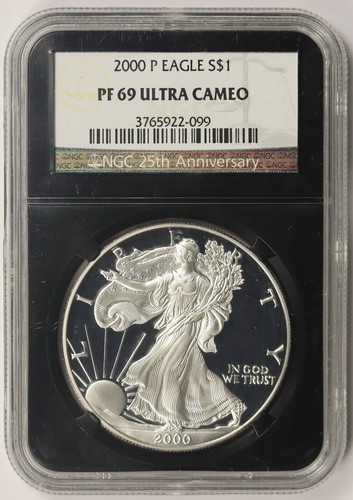 2000-P Silver Eagle PF 69 Ultra Cameo $1 NGC Black Retro Slab 25TH