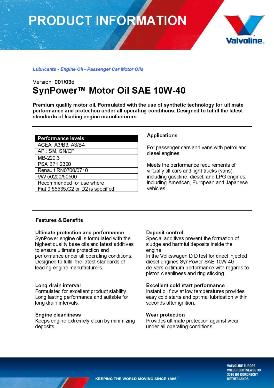 Valvoline SynPower Motoröl 10W-40 – 4 Liter, Vollsynthetisch, ACEA A3/B4, API SN/CF