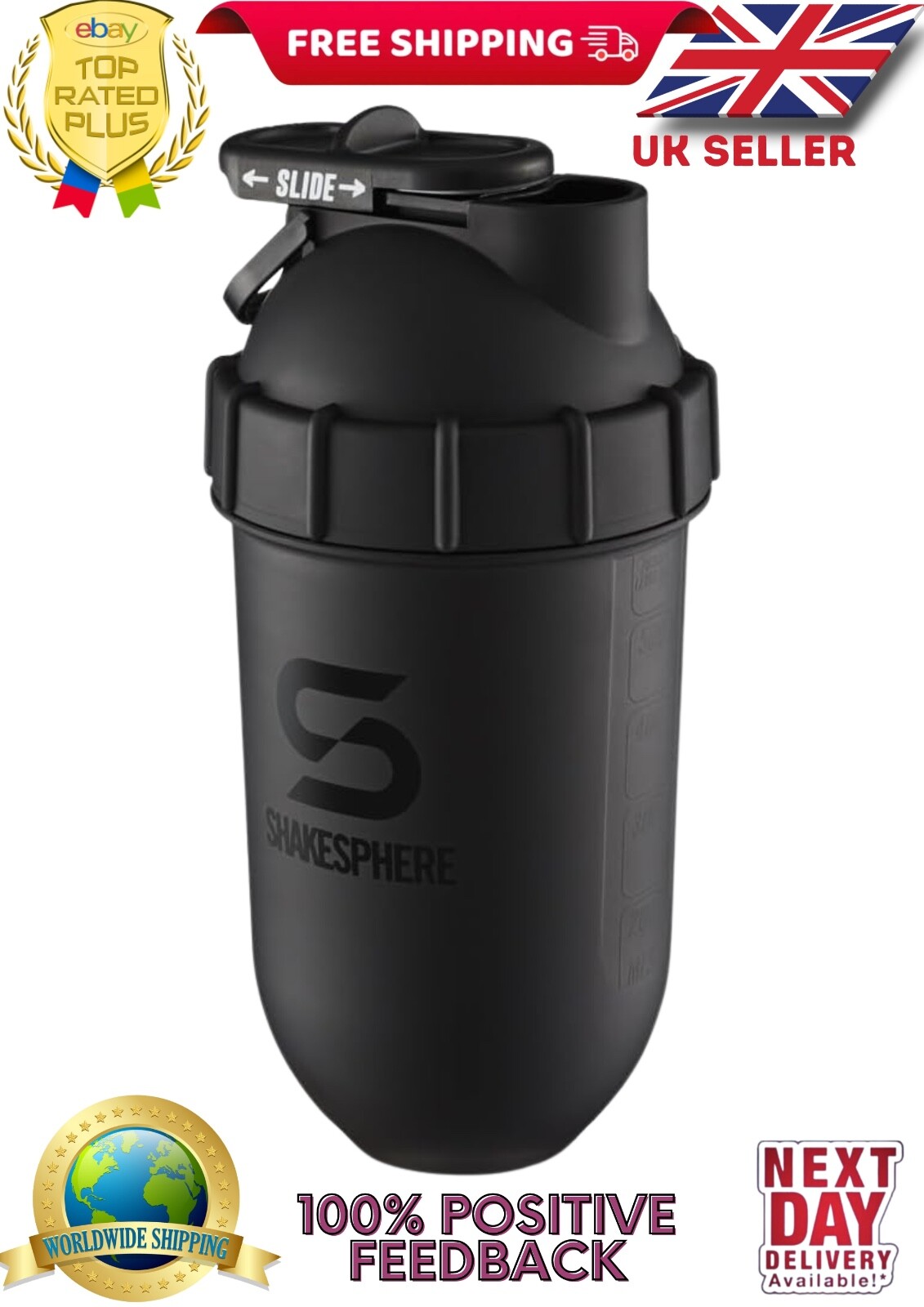 Gym  Tumbler Protein Shaker Bottle 24oz Capsule Shape Mixing Matte Black 700ml