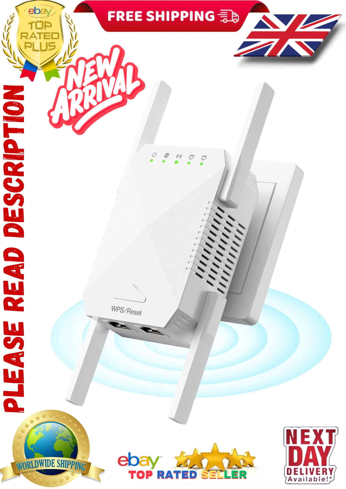 WiFi Extender Booster  1200Mbps WiFi Booster, 4 Antennas WiFi Extender