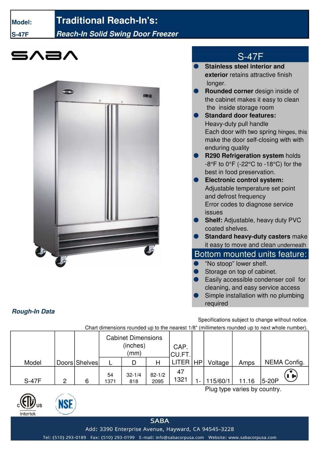 SABA S-47F Heavy Duty Commercial Reach In Freezer (Two Door, Stainless Steel)