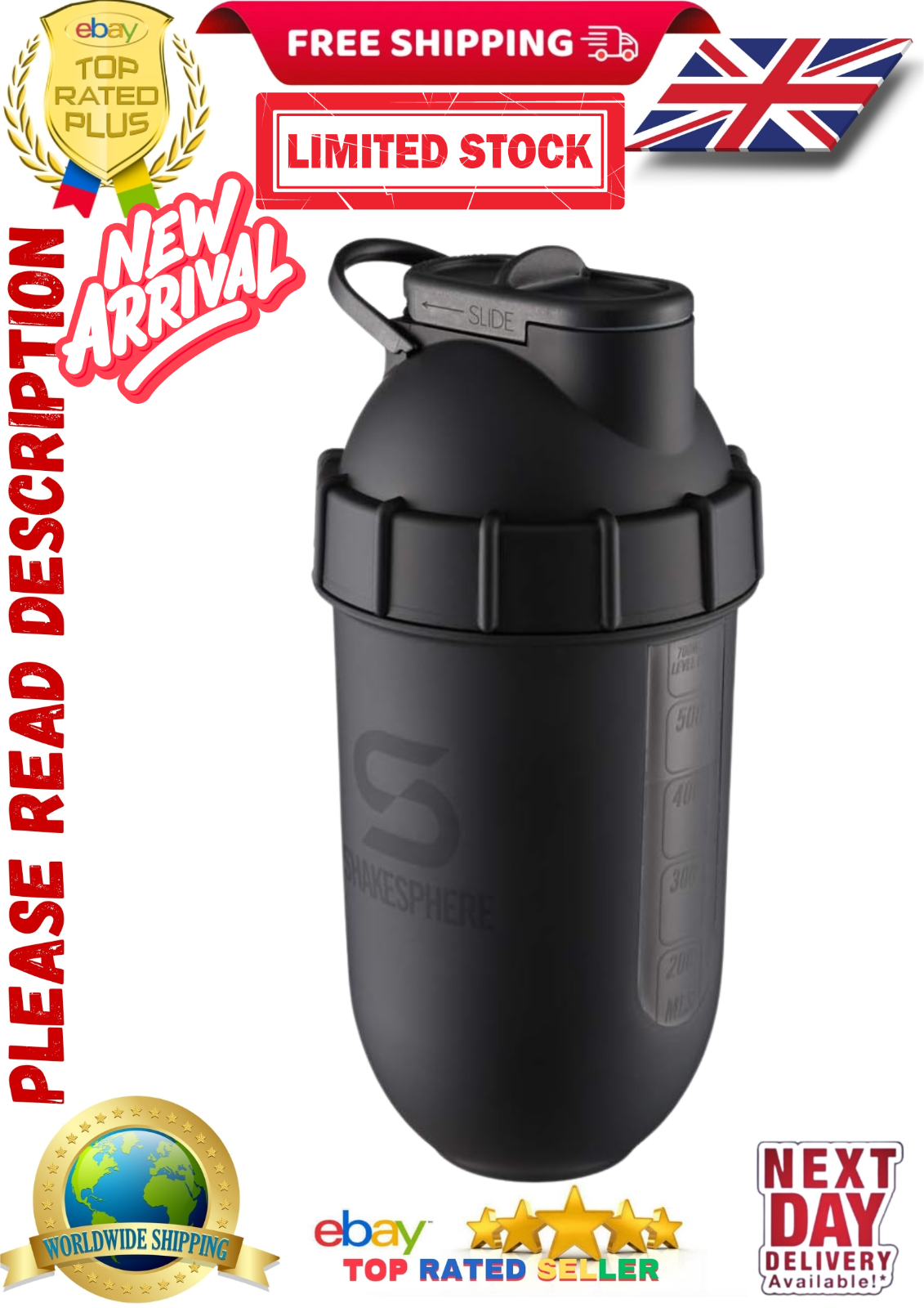 ShakeSphere Tumbler Protein Shaker Bottle 24oz Capsule Matte Black/ Frosted