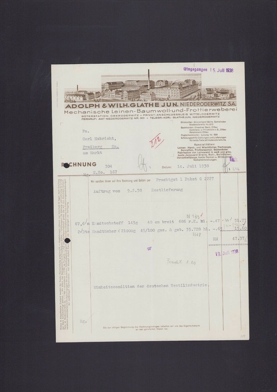 Niederoderwitz, Rechnung 1938, Adolph & Wilh. Glathe Jun. Mechanische Leinen-Bau
