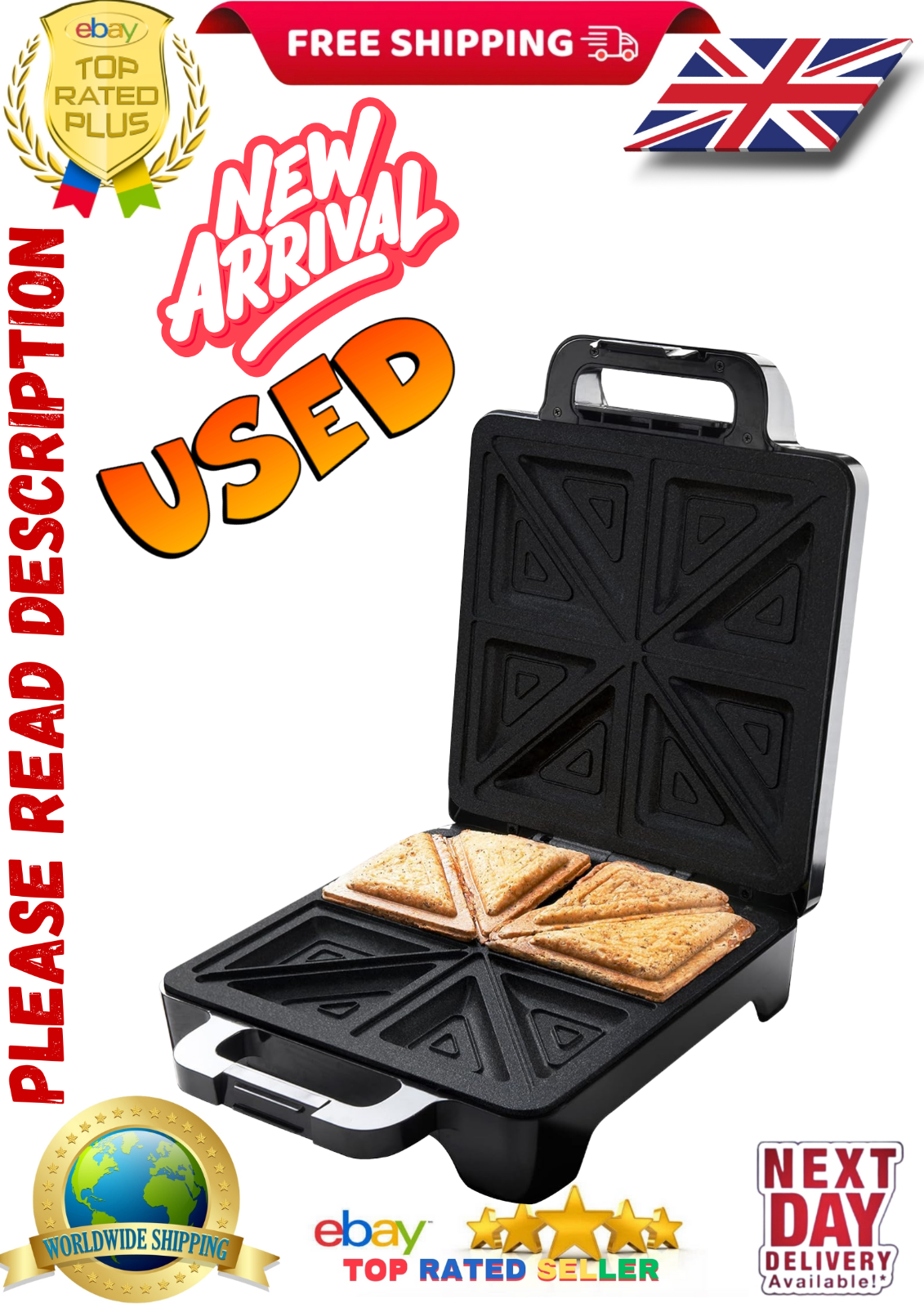 Quest 4-Slice Deep Fill Sandwich Toaster / Stainless Steel / Non-Stick Plates