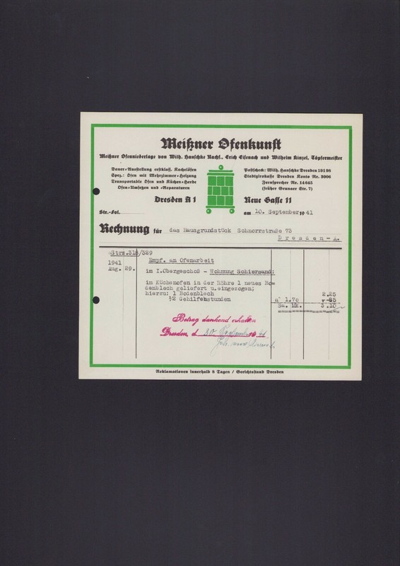 Dresden, Rechnung 1941, MeiÃNer Ofenkunst Wilh. Hanschke Nachf. Erich Eisenach