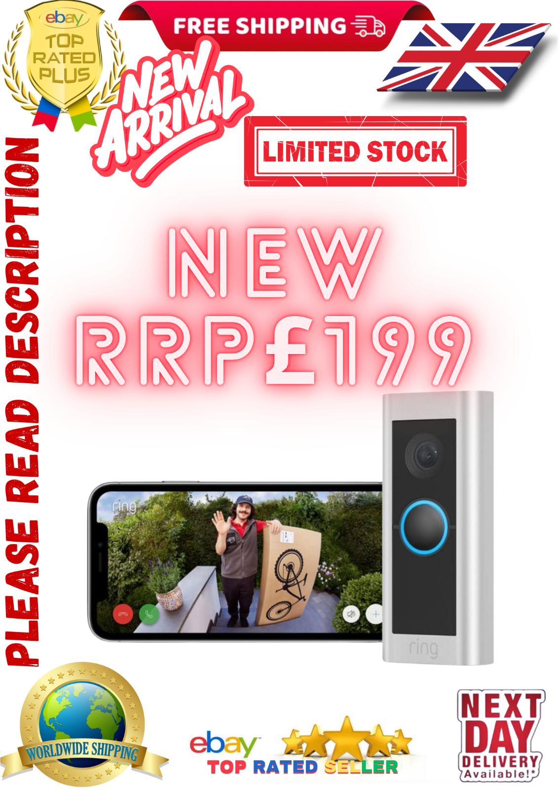 Ring Doorbell Pro 2 HD WiFi Two Way Talk 3D Motion Camera RRP £199 New Free Deli