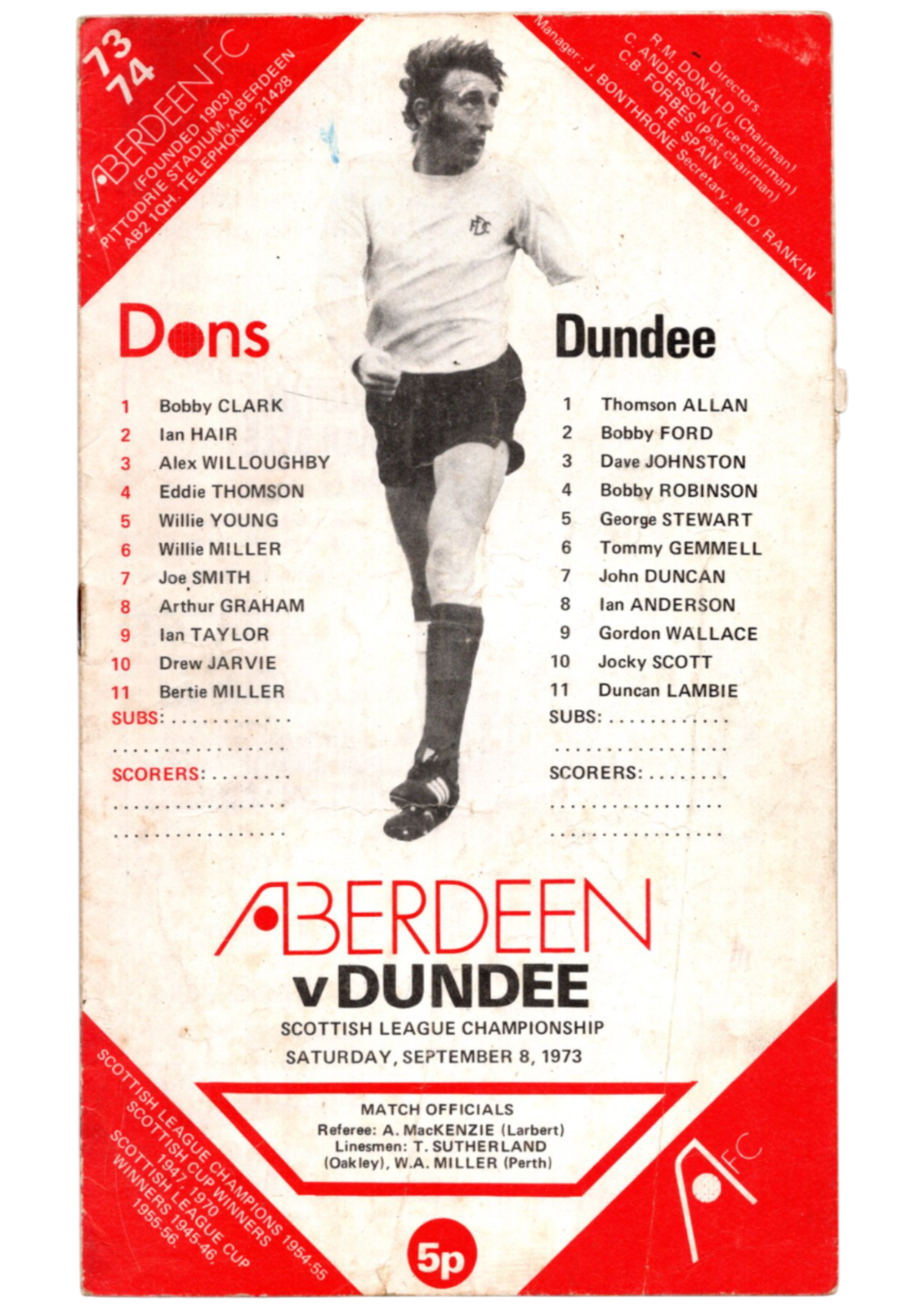 Aberdeen v Dundee 1973-1974 Scottish League 08/09/1973