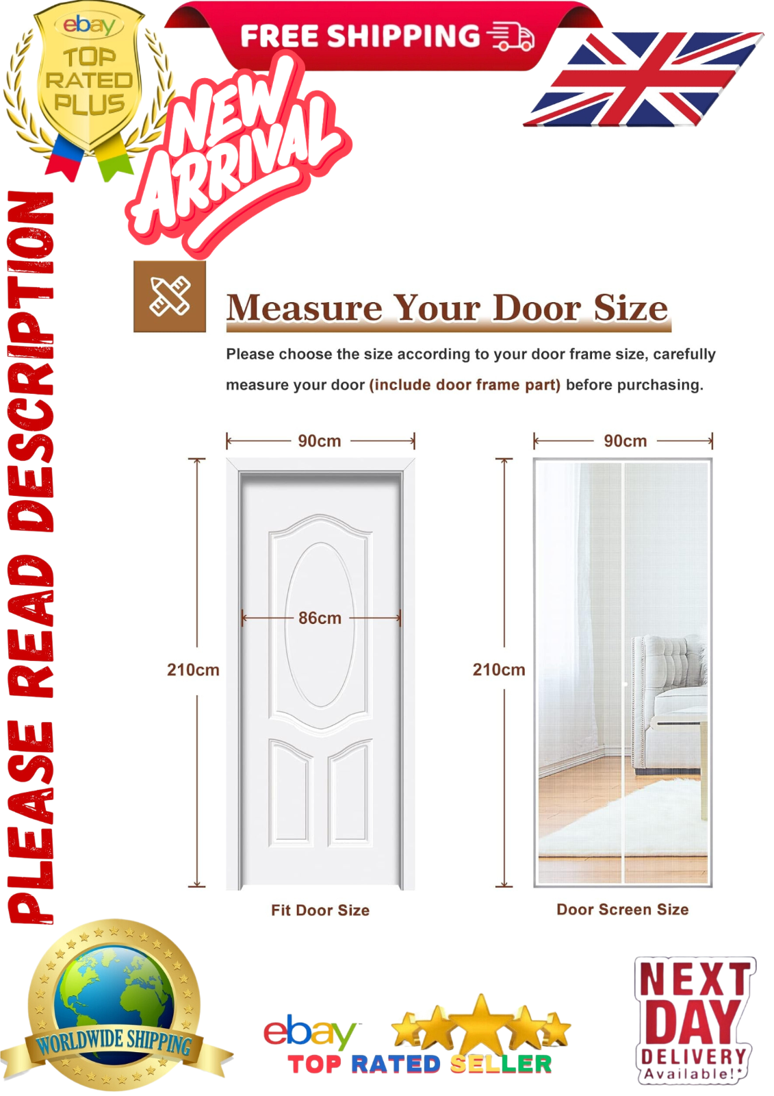 Yotache White Screen Doors with Magnets 90 x 210 cm, Reinforced Polyester BLACK