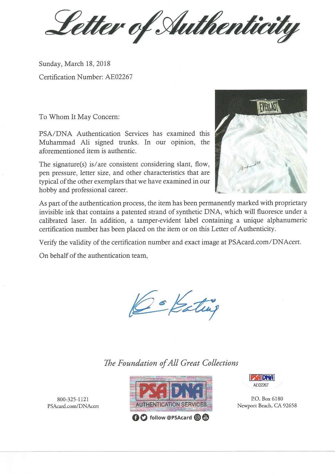 MUHAMMAD ALI signed/autographed BOXING TRUNKS - PSA/DNA Letter of Authenticity