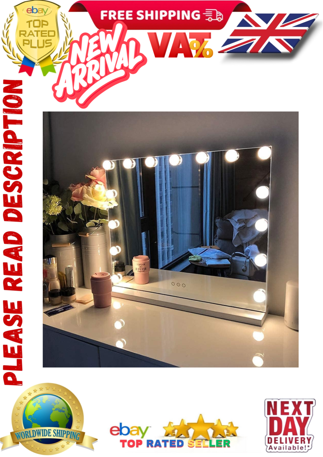 LED Hollywood Makeup Vanity Cosmetic Mirror with Lights 58 x 46cm Large Mirror