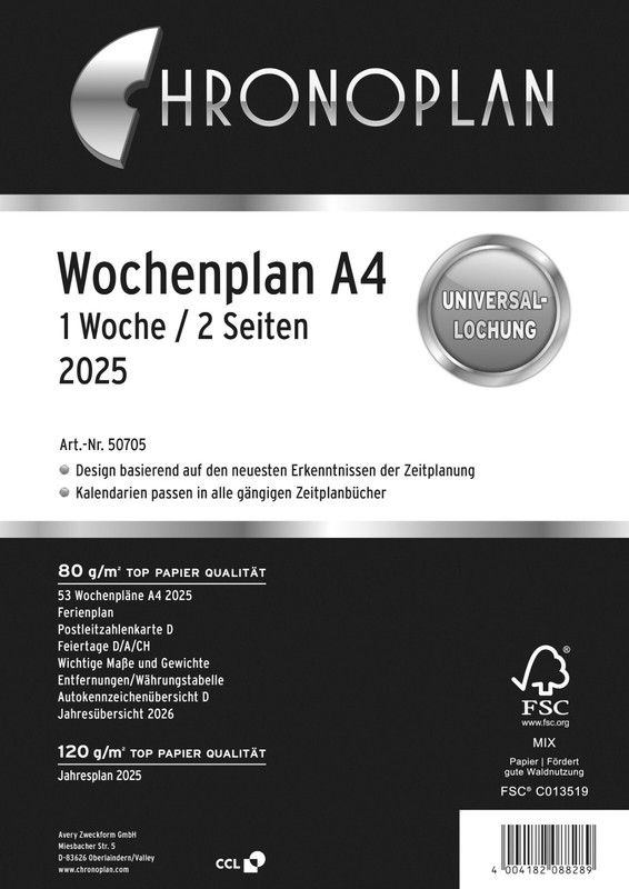 Chronoplan 50705 Kalendereinlage Wochenplan A4 2025, 1 Woche/2 Seiten