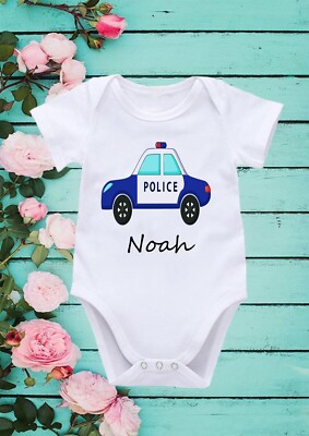 Personalised Police Car Name Cool Bodysuit Short Long Sleeve Vest Rompersuit 577