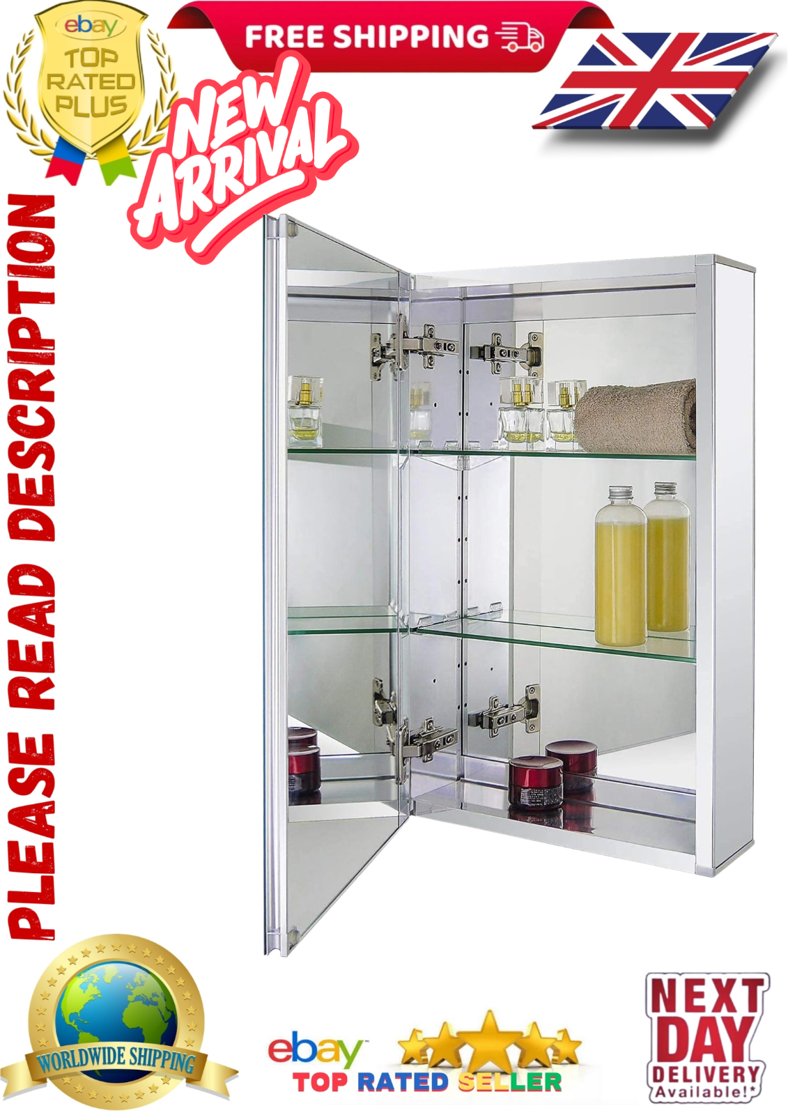 Fundin Aluminum Mirror Cabinet for Bathroom Recess Mount or Surface Mount 38 x61