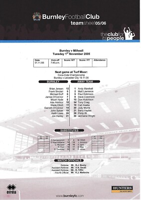 Teamsheet - Burnley v Millwall 2005/6
