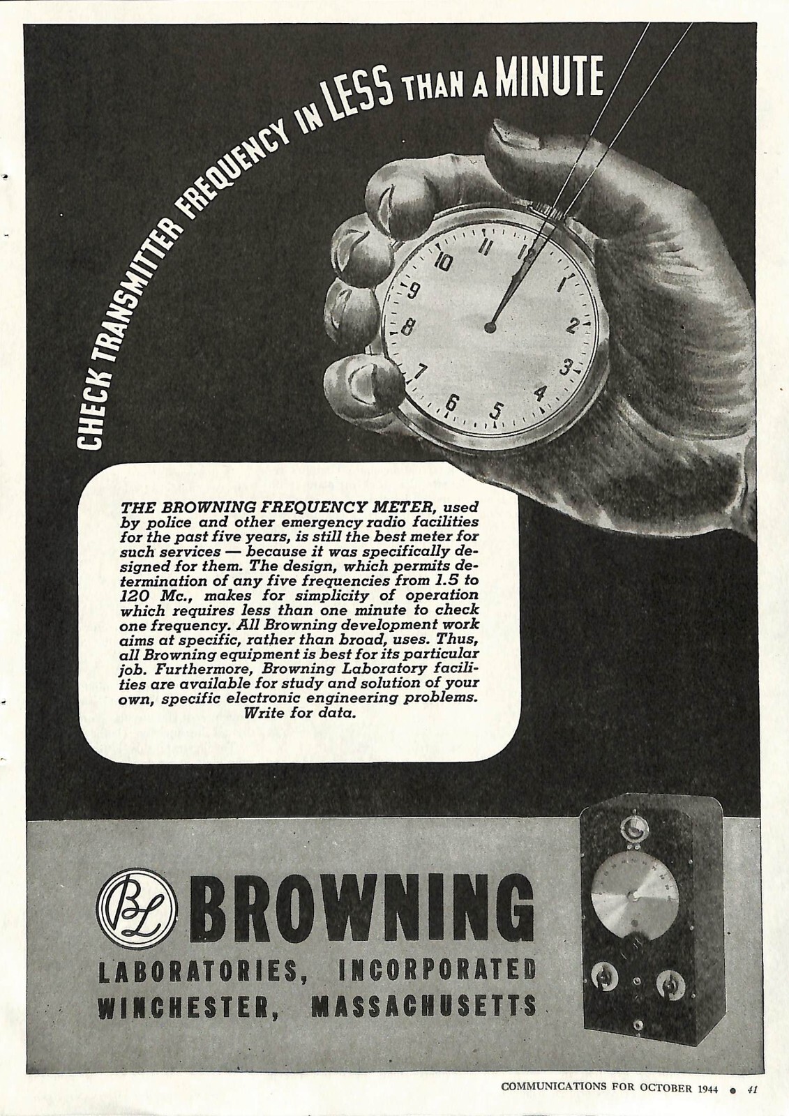 1944 Browning Laboratories Frequency Meter Stopwatch Timer VTG Print Ad