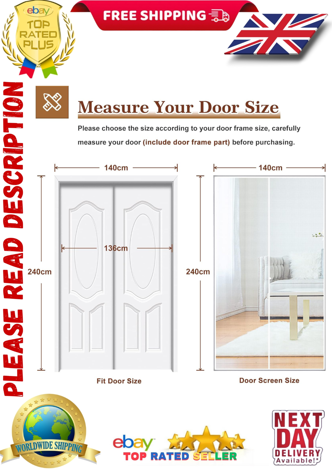 Yotache Fly Screen Door 140 x 240 cm with Full Frame Hook & Loop, BLACK