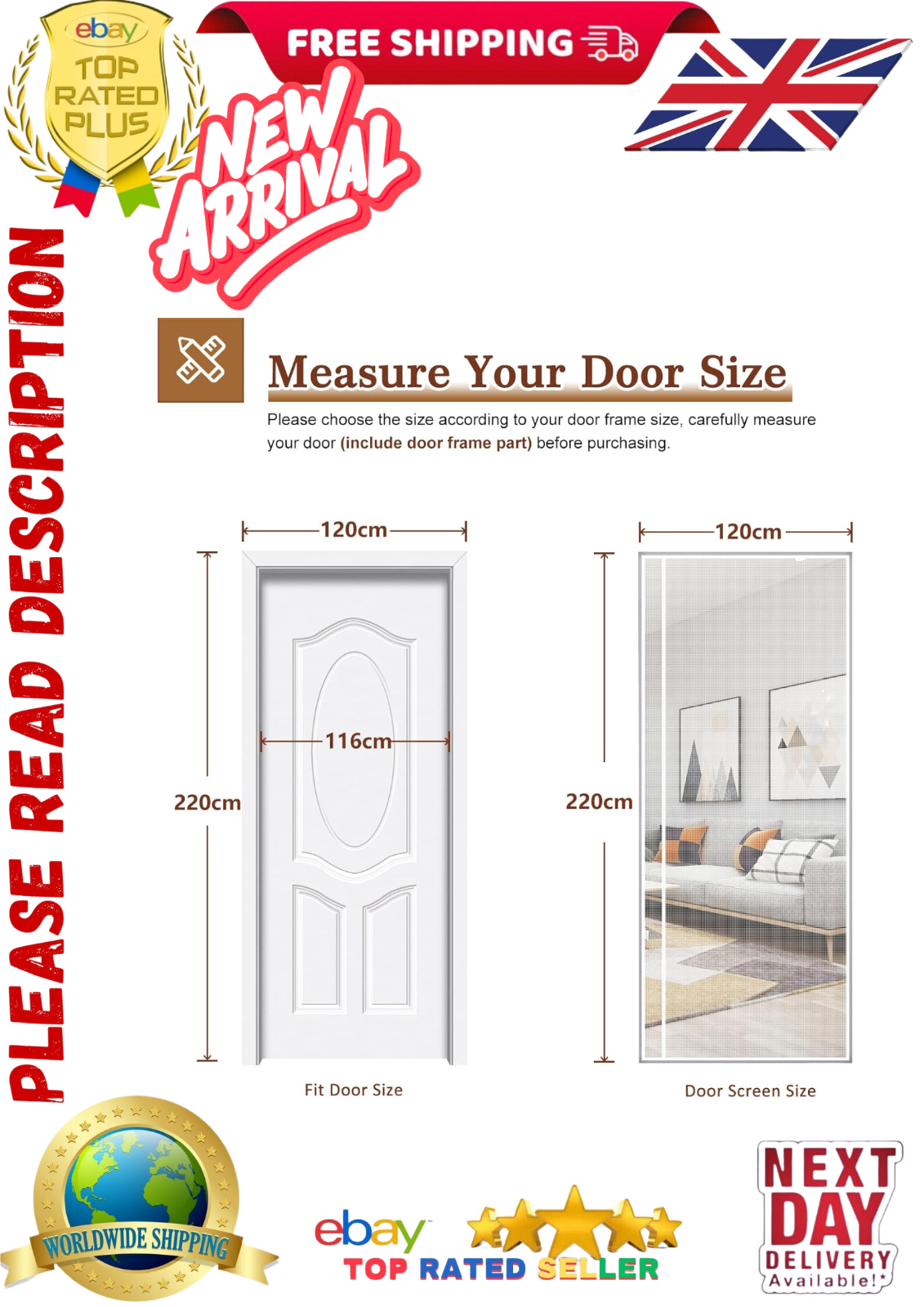 Yotache Side Opening Magnetic Screen Door 120 x 220 cm, Reinforced Sewing Net