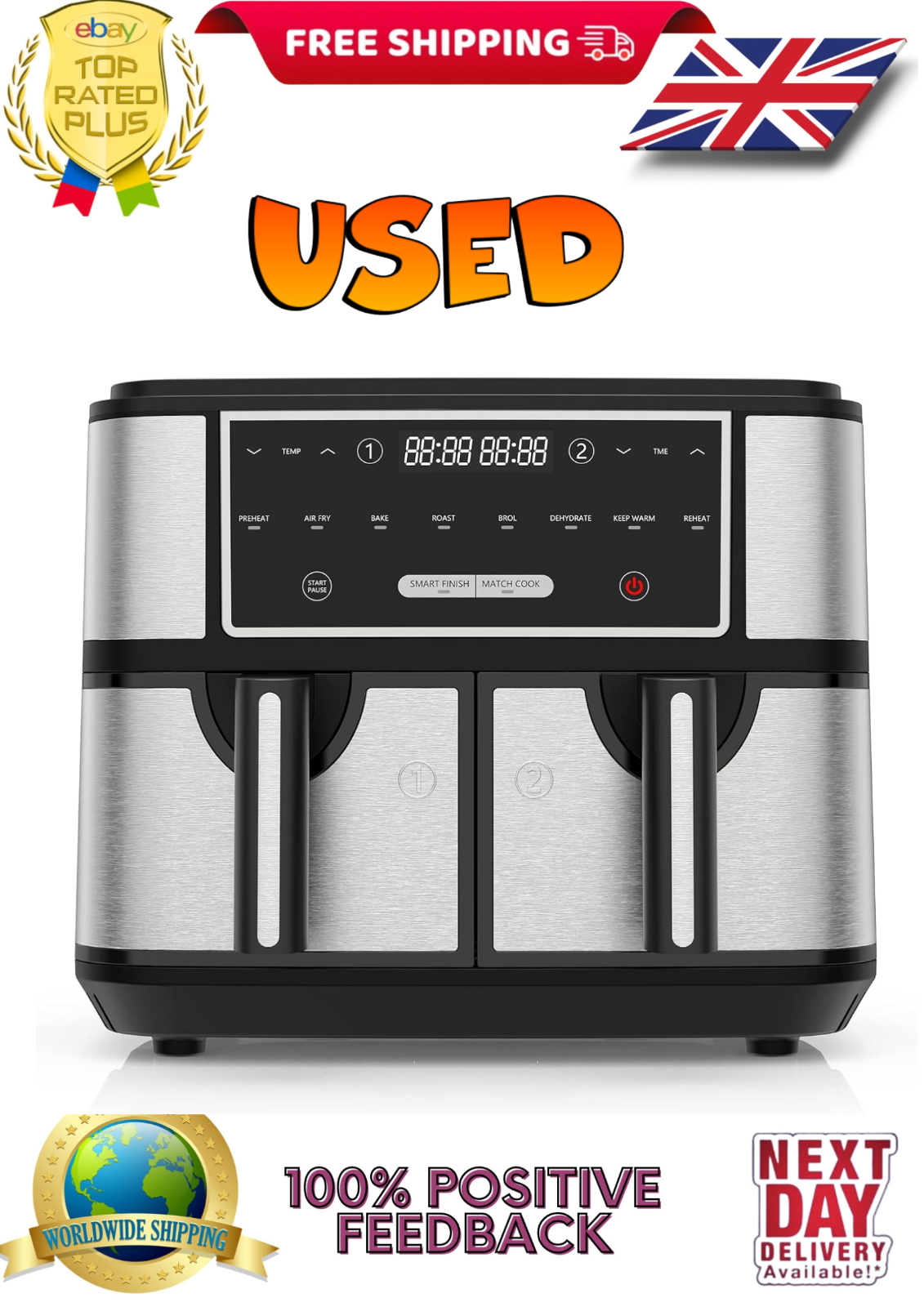 Dual Basket Air Fryers 9L Large for Family,8-In-1 Compact Air Fryer Oven 2600W