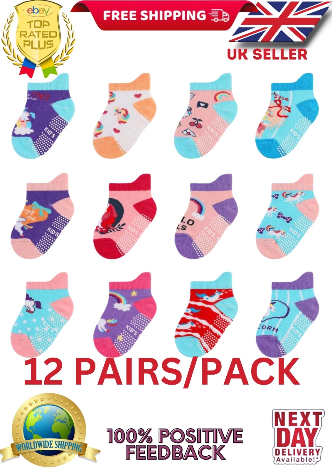 12 Pairs Non Slip Kids Toddler Baby Socks with Grips Cotton Socks Girls Unicorn