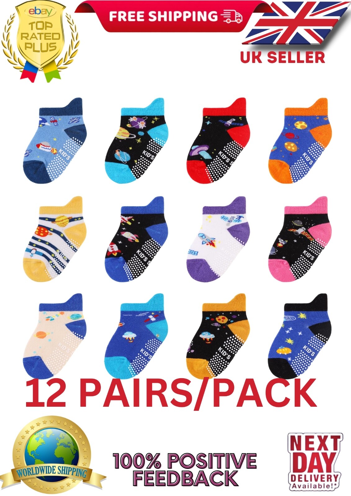12Pairs Baby Non Slip Socks Toddler Grip Non Skid Kids Boy Girls Infants 3-5 Y