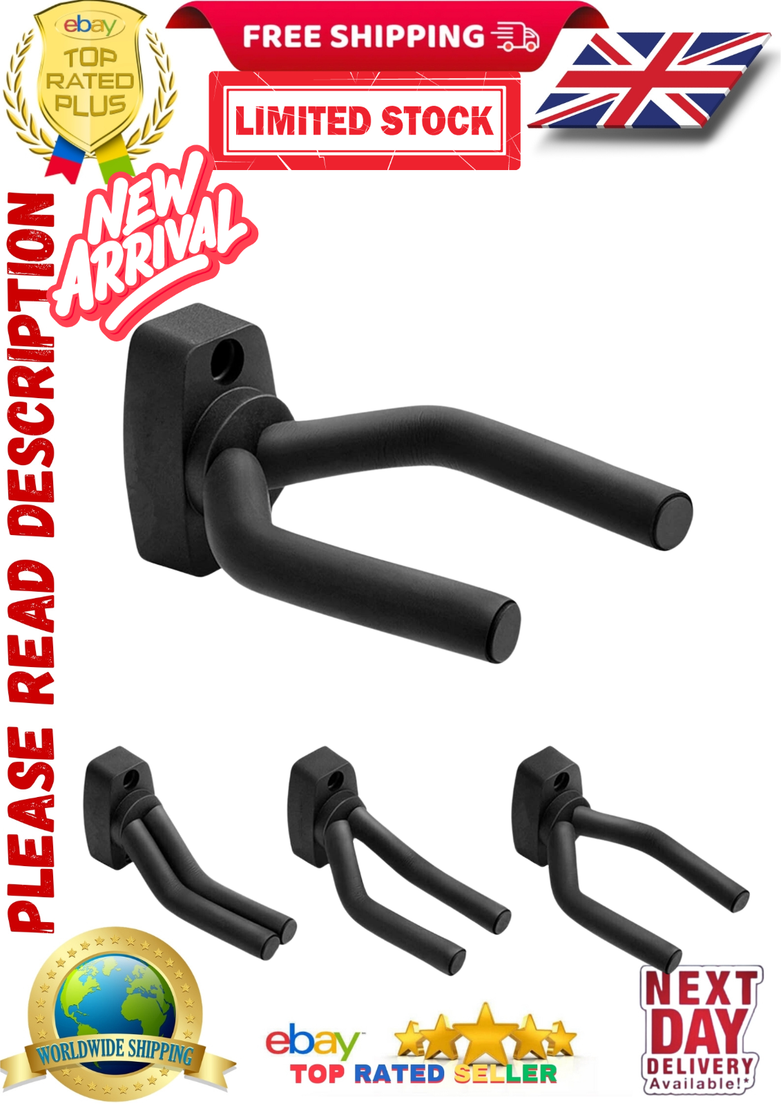 Wall Mount Hanger Hook Holder Stand 4 Pack free delivery Guitar Hangers