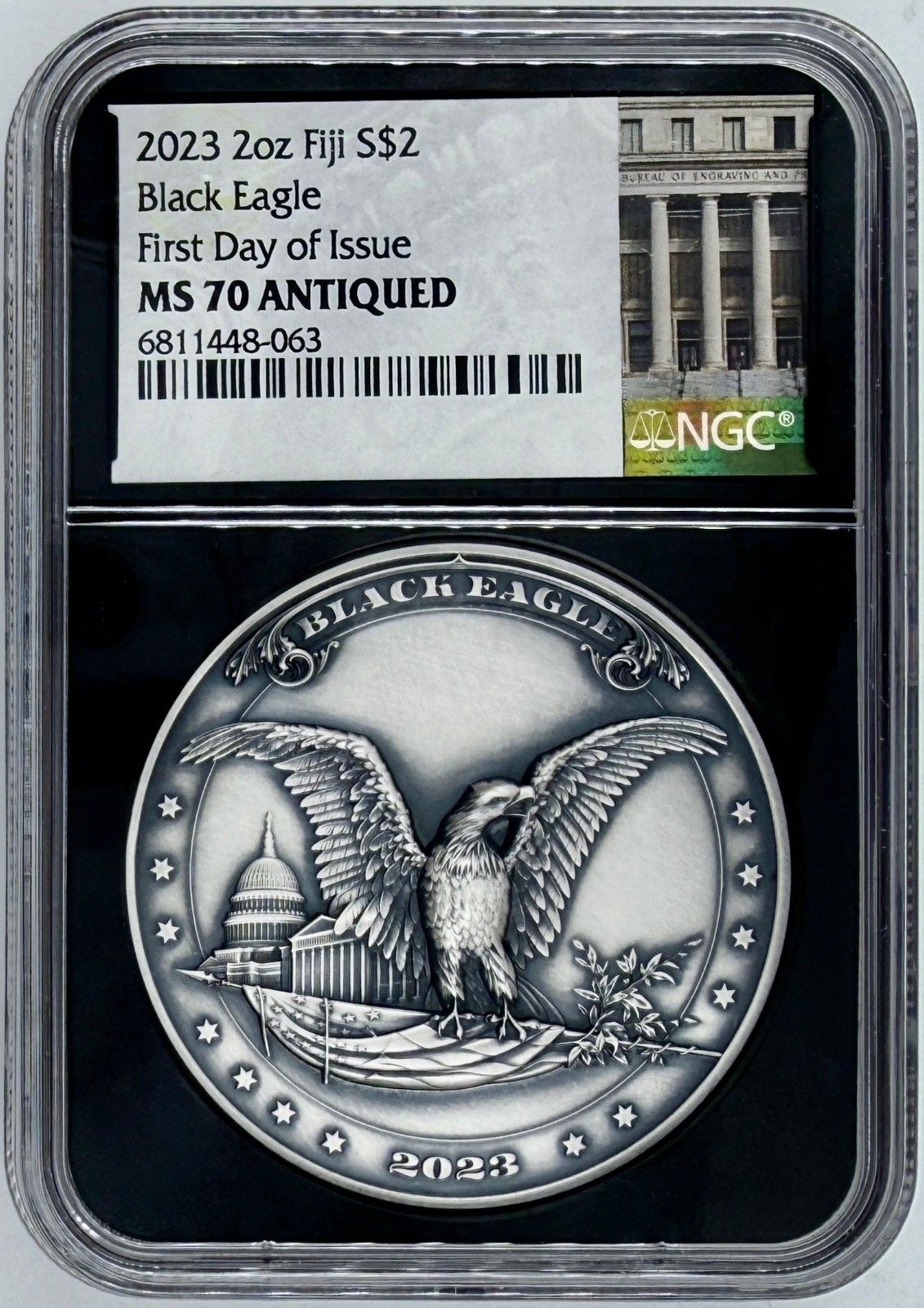 2023-fiji-2-silver-2-oz-black-eagle-ngc-ms-70-antiqued-first-day-of-issue-ogp