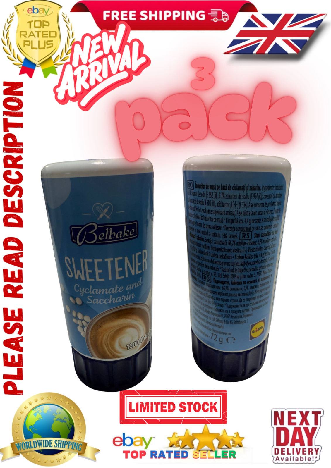 Belbake Low Calorie Sweeteners Tablets 72g NEW - 3 x Pack of 1200 Tablets