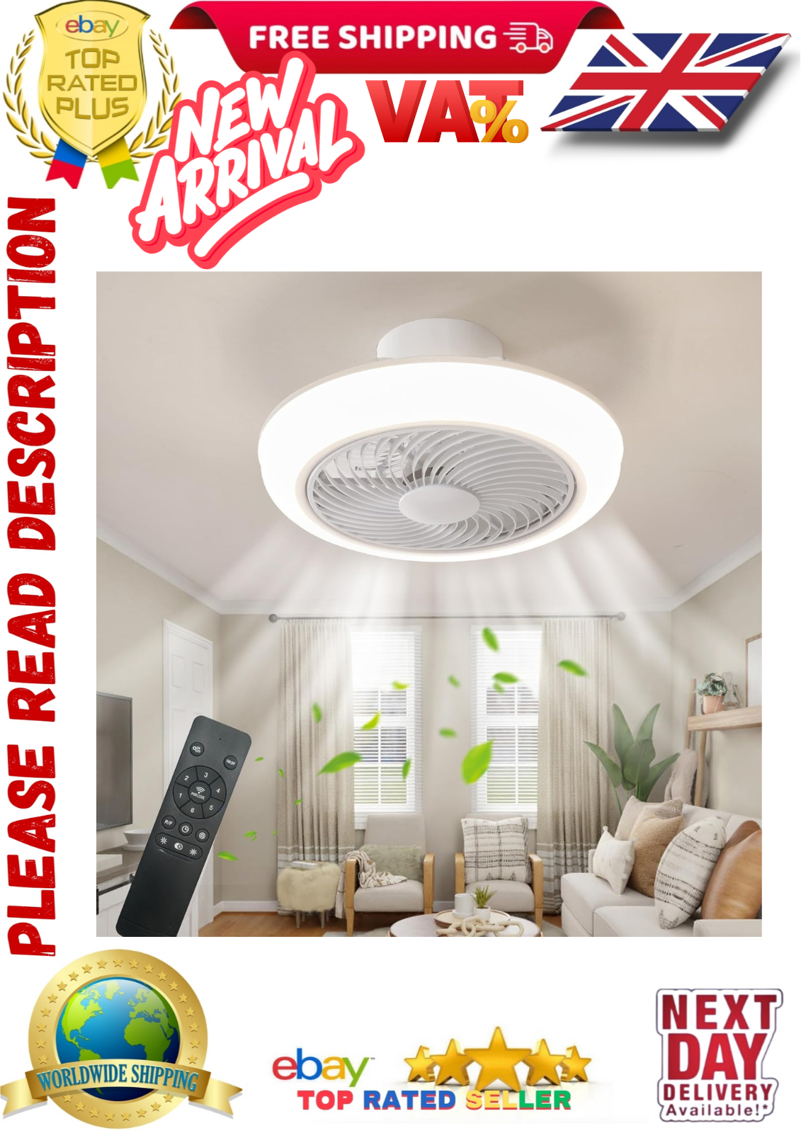 POWROL Modern Ceiling Fan with Light, Remote, LED, 46cm, Flush Mount, 6 Speeds