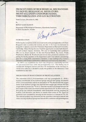 NOBEL PRIZE BIOCHEMIST Bengt Samuelsson autograph, Nobel Lecture (1982) signed