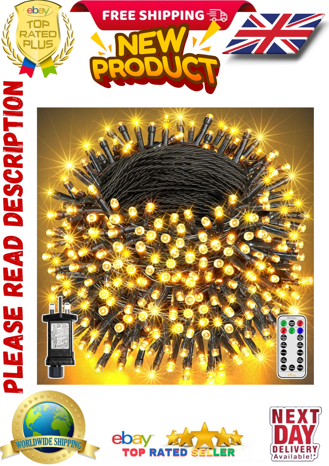 Ollny Christmas Tree Lights Outdoor, 20m 200 LED Fairy Lights Mains Powered Warm