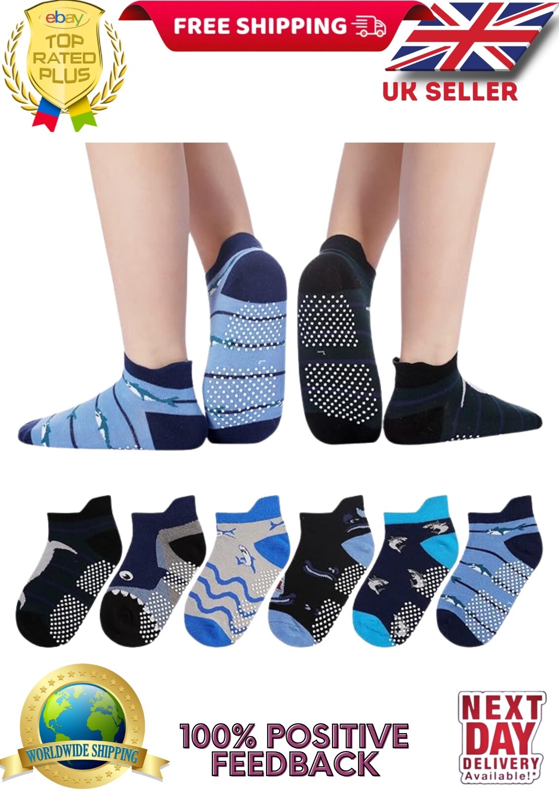 6 pack Boys Non Slip Ankle Socks Kids Grips Novelty Cotton Anti Skid 9-12 year