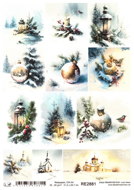 Reispapier A4 Strohseide Decoupage Weihnachten Schnee Kugel Laterne Re2881