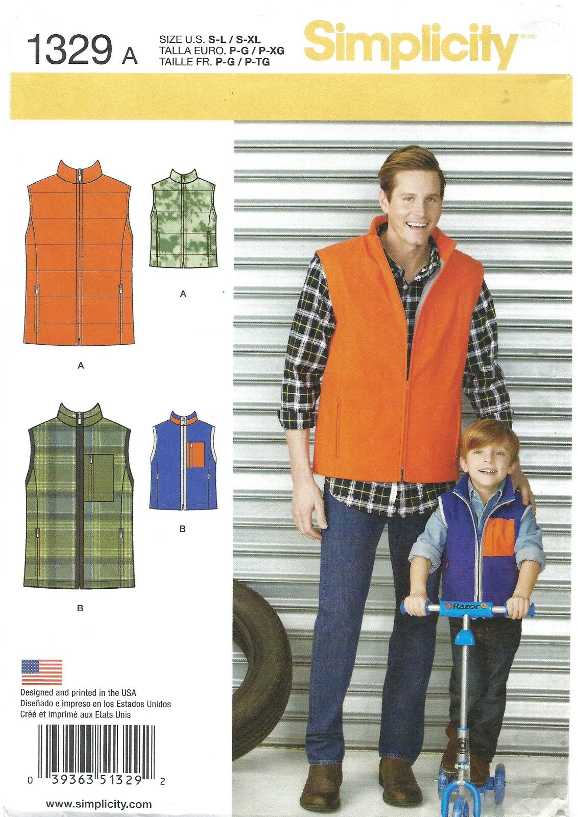 Simplicity 1329 Boys' & Men's Quilted or Fleece Vests Sz S-L