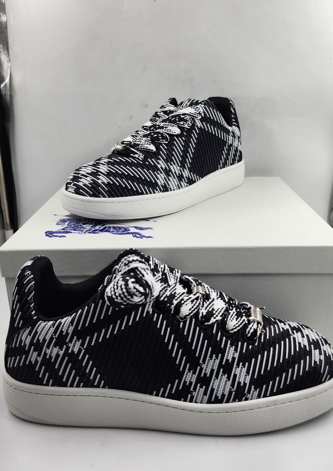 Burberry Check Knit Box Low-Top Sneakers Men's 46/13 US Black/White Lace Up - Picture 5 of 17