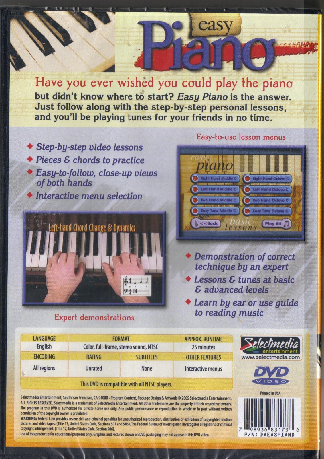 EASY PIANO~2005 NEW SEALED DVD~LEARN BY EAR OR USE GUIDE TO READING MUSIC!